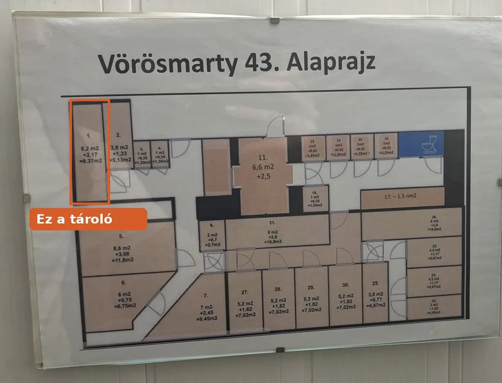 A pince alaprajza, kiemelve az 1-es tároló